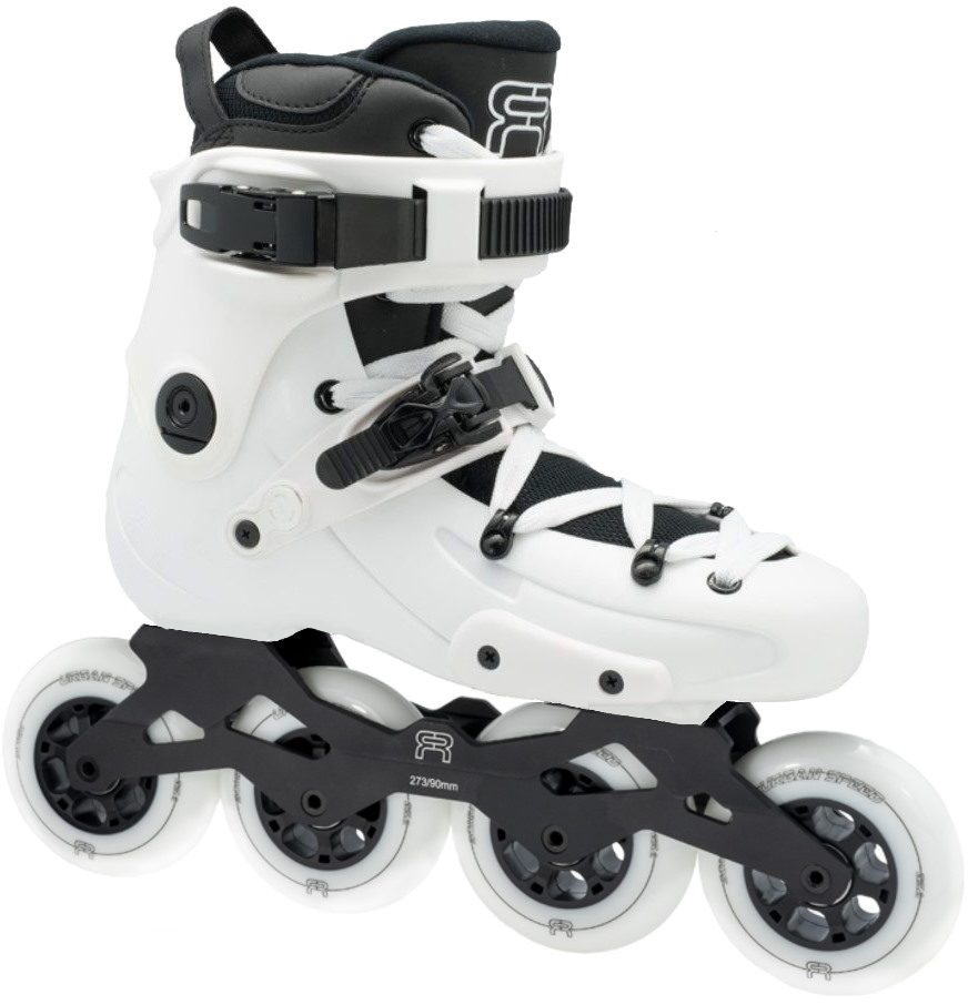 FR1 90 white freeride and fitness inline skate with four white 90 mm inline skate wheels